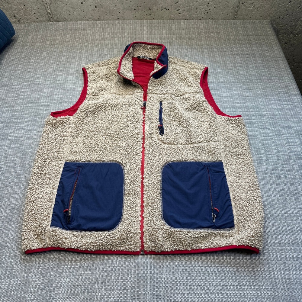 Orvis Sherpa Fleece Vest Mens XXL Oatmeal Blue Outdoor Gorpcore Full Zip Hiking